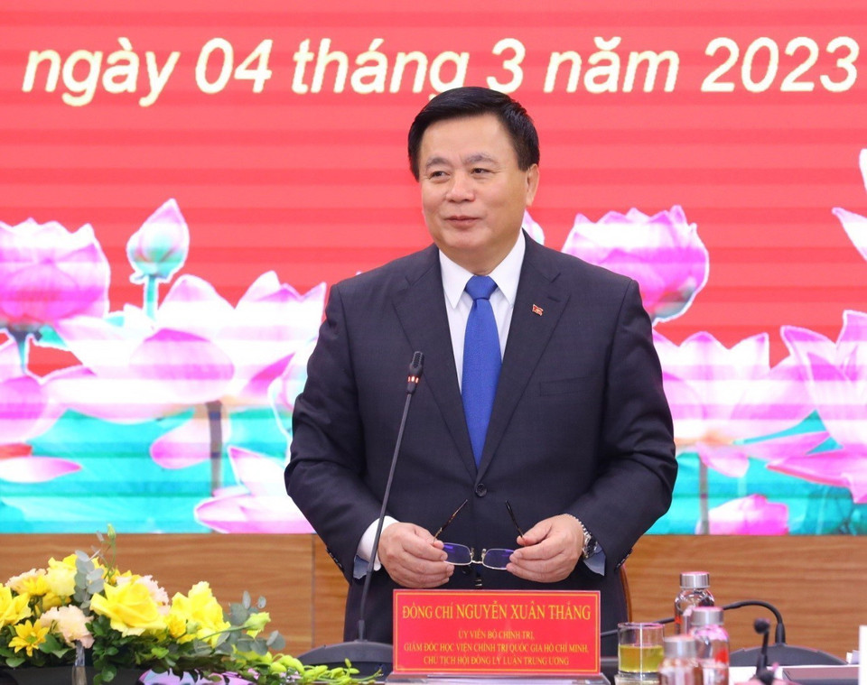 Giáo sư-Tiến sỹ Nguyễn Xuân Thắng, Giám đốc Học viện Chính trị quốc gia Hồ Chí Minh phát biểu. (Ảnh: Văn Điệp/TTXVN)