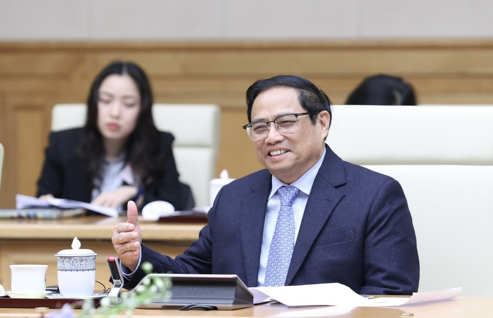 Thủ tướng Phạm Minh Chính tại buổi tiếp Chủ tịch Thượng viện Cộng hòa Pháp Gérard Larcher. (Ảnh: Dương Giang/TTXVN)