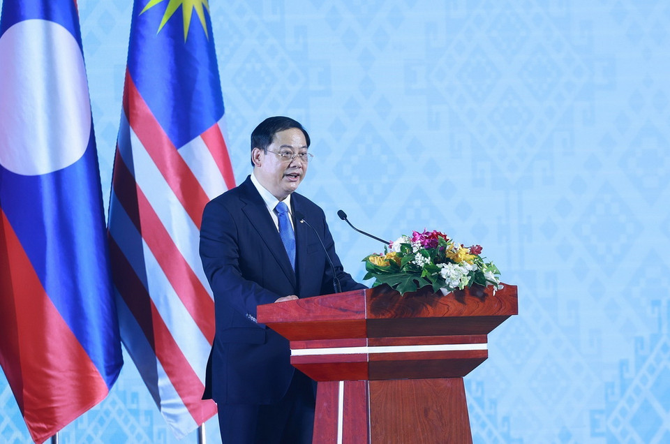 Thủ tướng Lào, Chủ tịch ASEAN 2024 Sonexay Siphandone phát biểu khai mạc. (Ảnh: Dương Giang/TTXVN)