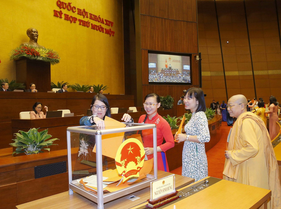 Các đại biểu Quốc hội bỏ phiếu phê chuẩn một số Phó Chủ tịch và một số Ủy viên Hội đồng Bầu cử quốc gia. (Ảnh: Doãn Tấn/TTXVN)