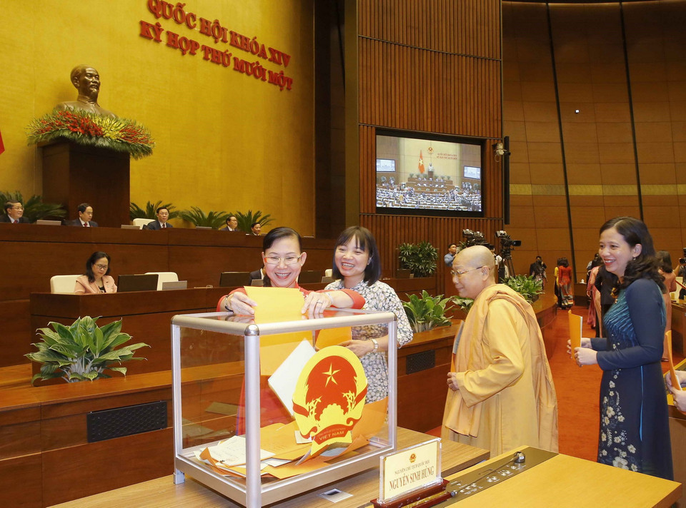 Các đại biểu Quốc hội bỏ phiếu phê chuẩn một số Phó Chủ tịch và một số Ủy viên Hội đồng Bầu cử quốc gia. (Ảnh: Doãn Tấn/TTXVN)