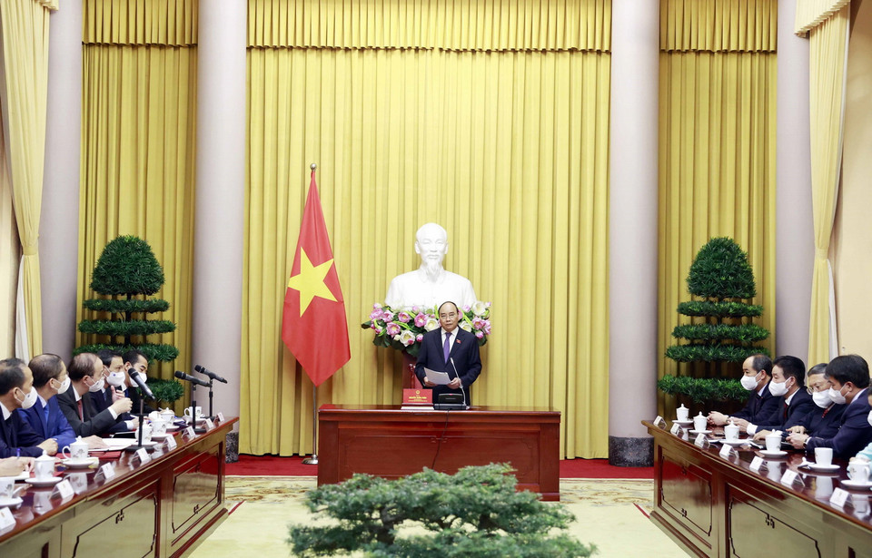  Chủ tịch nước Nguyễn Xuân Phúc phát biểu tại lễ trao quyết định bổ nhiệm. (Ảnh: Thống Nhất/TTXVN)