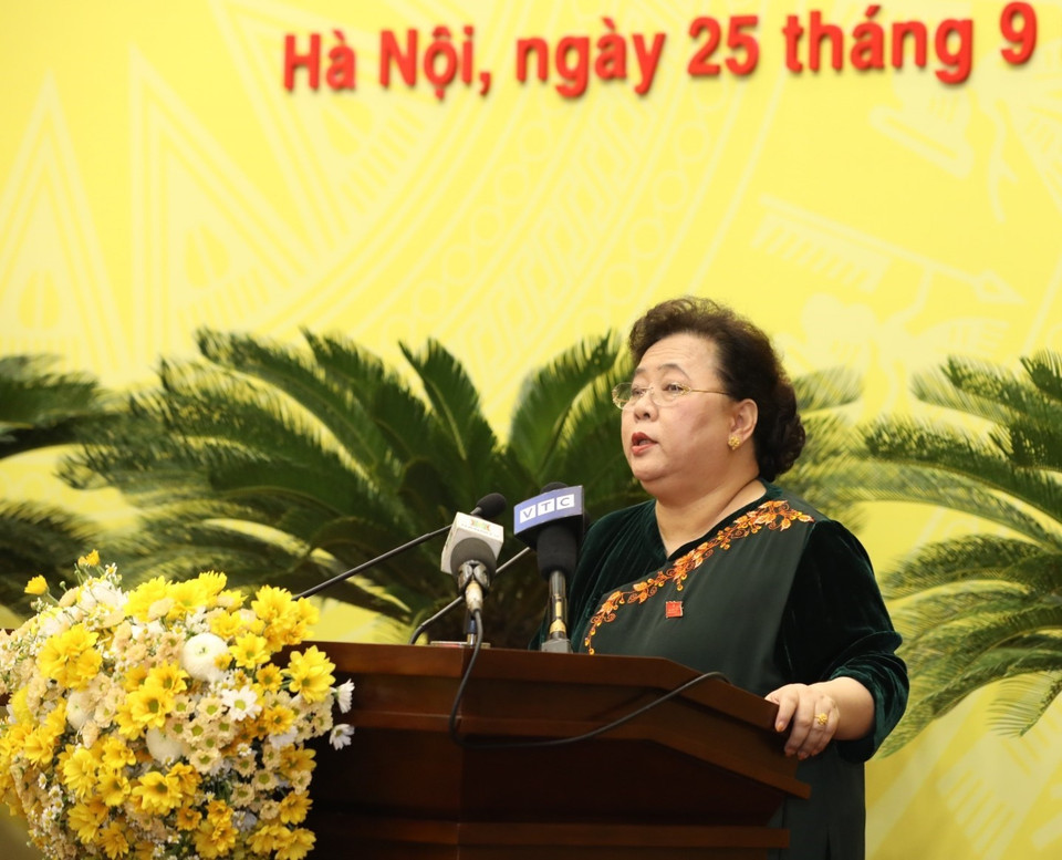 Phó Bí thư Thành ủy, Chủ tịch HĐND Hà Nội thành phố Nguyễn Thị Bích Ngọc phát biểu khai mạc. (Ảnh: Văn Điệp/TTXVN)