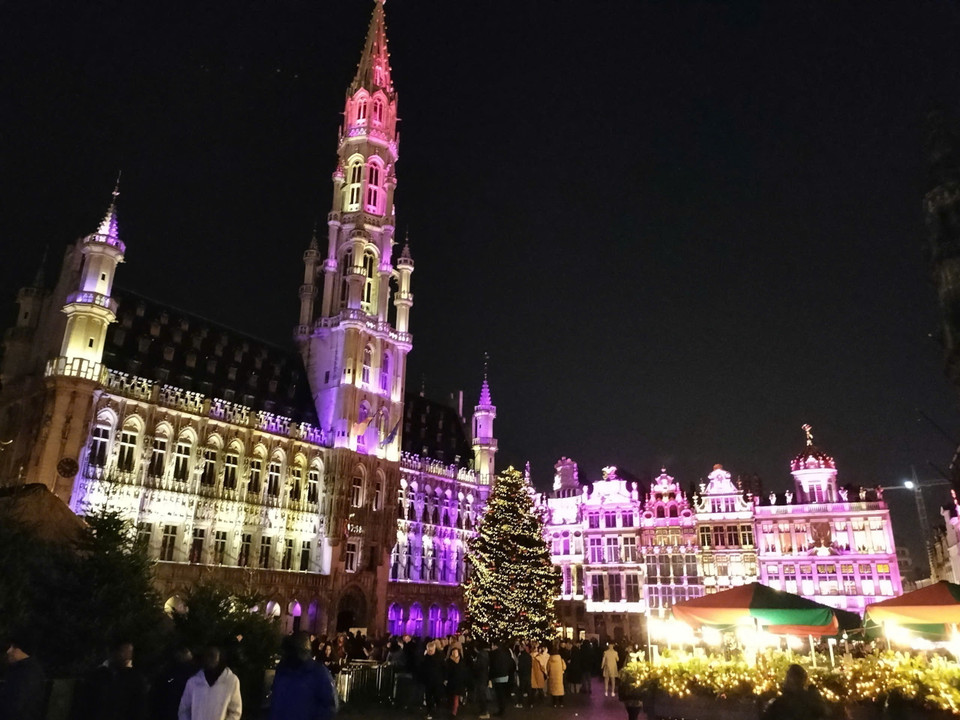 Quảng trường Lớn - Grand Place với cây thông khổng lồ ở thủ đô Brussels lung linh trong sắc màu Giáng sinh. (Ảnh: Hương Giang/TTXVN)