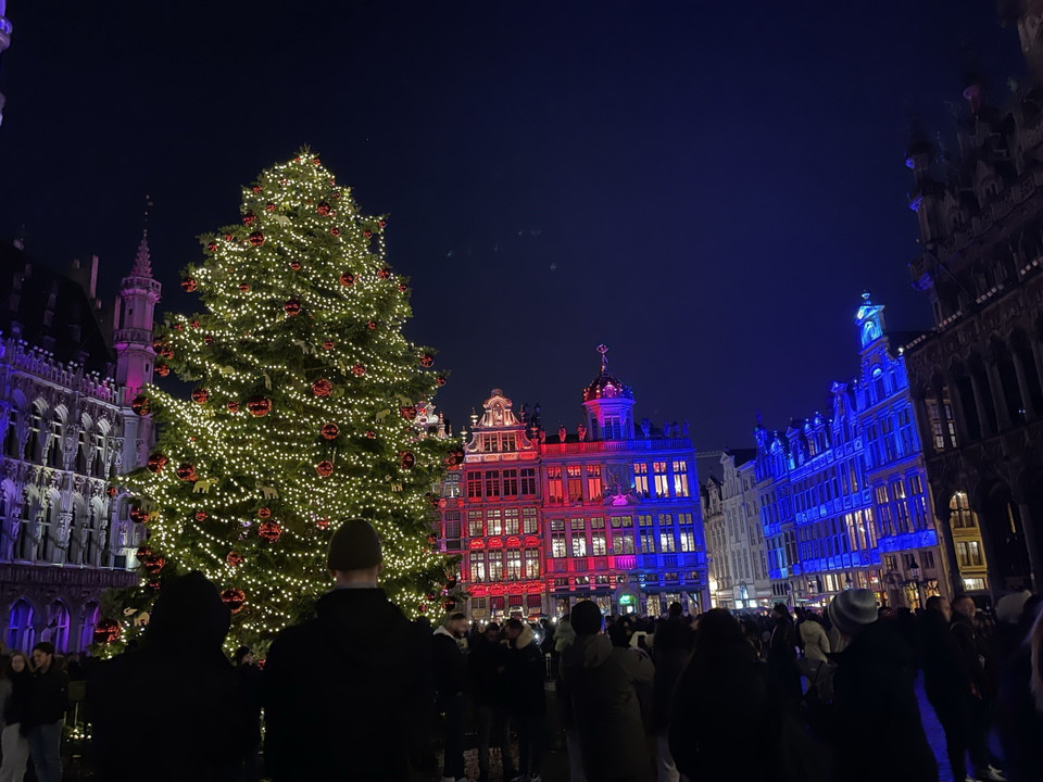 Quảng trường Lớn - Grand Place với cây thông khổng lồ ở thủ đô Brussels lung linh trong sắc màu Giáng sinh. (Ảnh: Hương Giang/TTXVN)