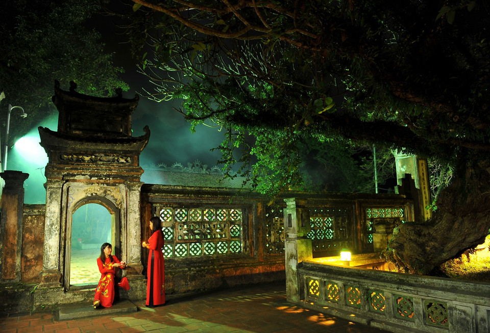 Vẻ đẹp đền thờ Vua Đinh Tiên Hoàng (Đinh Bộ Lĩnh) mang nét cổ kính trầm mặc vào buổi đêm. (Ảnh: Minh Đức/TTXVN)