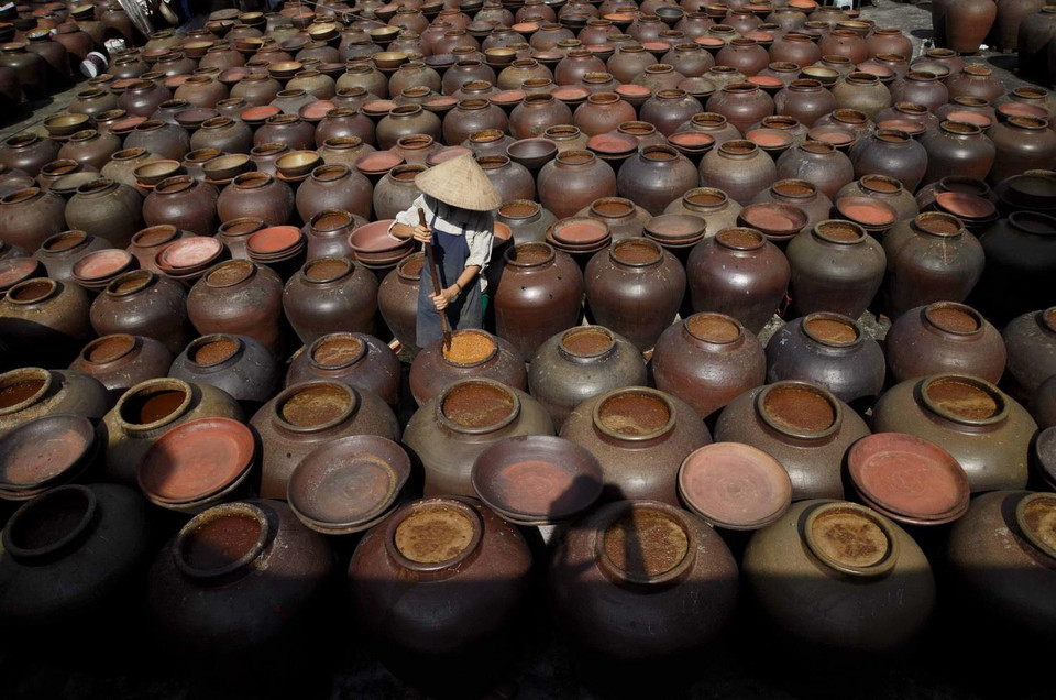 Để tương nhuyễn và lên màu, người làm tương phải thường xuyên khuấy tương vào buổi sáng và trưa. Ánh sáng mặt trời làm nóng chum, giúp tương chín nhanh hơn. Trời càng nhiều nắng thì tương chín càng nhanh. (Ảnh: Phạm Kiên/TTXVN)