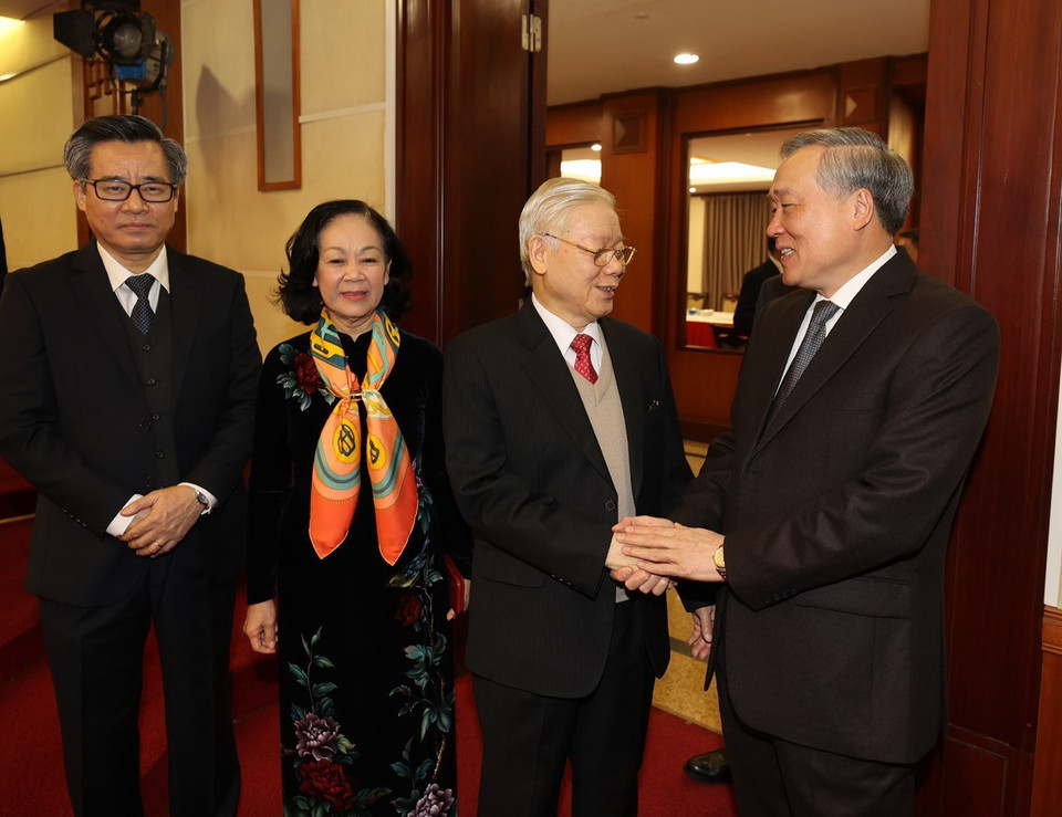 Tổng Bí thư, Chủ tịch nước Nguyễn Phú Trọng với các đại biểu dự khai mạc Hội nghị. (Ảnh: Trí Dũng/TTXVN)