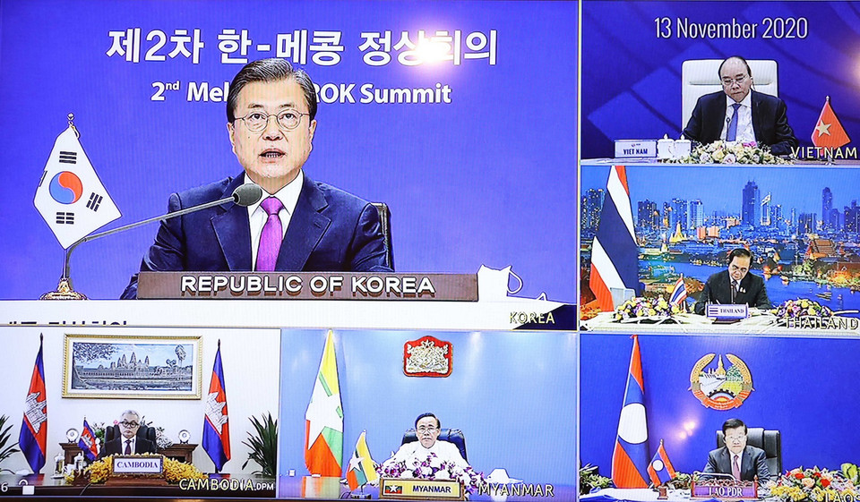 Tổng thống Hàn Quốc Moon Jae-in phát biểu trực tuyến. (Ảnh: Thống Nhất/TTXVN)