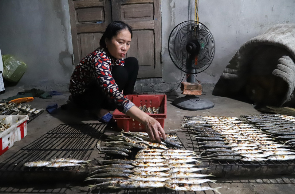 Công đoạn phân loại cá theo kích thước sau khi đã nướng chín, để nguội. Việc làm này sẽ giúp ích rất nhiều khi xếp cá vào các dụng cụ chứa đựng để cất giữ, bảo quản. (Ảnh: Xuân Tiến/TTXVN)