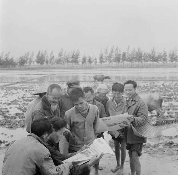 Trên đồng ruộng Nam Hà, nhóm cày bừa hợp tác xã Nam Hà phấn khởi đón đọc số báo đặc biệt về Hiệp định Pa-ri (1973). (Ảnh: Văn Lạn/TTXVN)