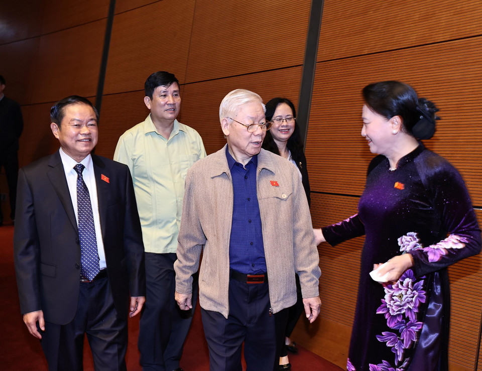 Tổng Bí thư, Chủ tịch nước Nguyễn Phú Trọng, Chủ tịch Quốc hội Nguyễn Thị Kim Ngân tại kỳ họp. (Ảnh: Phương Hoa/TTXVN)