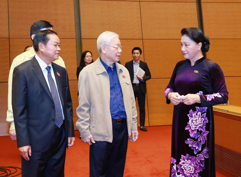 Tổng Bí thư, Chủ tịch nước Nguyễn Phú Trọng, Chủ tịch Quốc hội Nguyễn Thị Kim Ngân tại kỳ họp. (Ảnh: Phương Hoa/TTXVN)