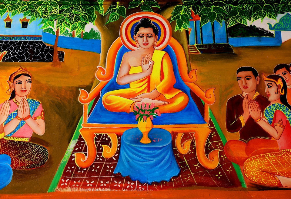  Những bức họa trên các bức tường trong chùa Chung Rút kể về cuộc đời đức Phật giàu chất mỹ thuật và mang đậm phong cách Khmer. (Ảnh: Hồng Đạt/TTXVN)