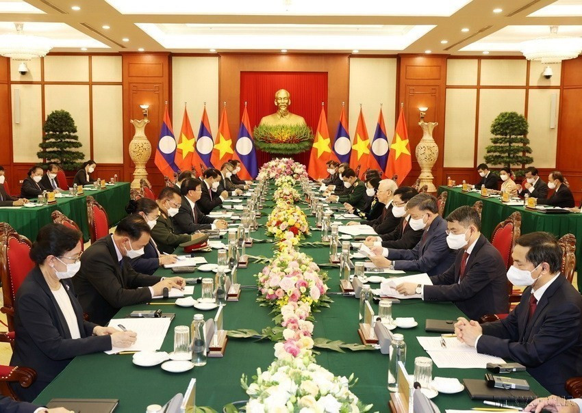 Tổng Bí thư Nguyễn Phú Trọng hội đàm với Tổng Bí thư, Chủ tịch nước Lào Thongloun Sisoulith thăm hữu nghị chính thức Việt Nam (Hà Nội, 28/6/2021). (Ảnh: Trí Dũng/TTXVN)