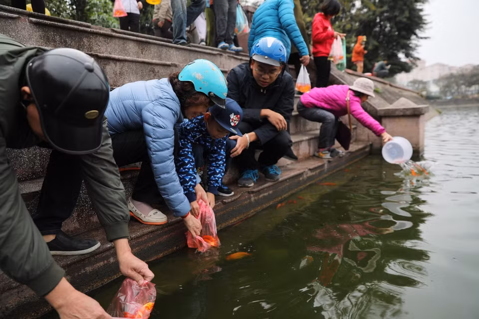Người dân thả cá chép để tiễn đưa ông Táo về trời, cầu mong năm mới bình an, thuận lợi tại công viên Nghĩa Đô. (Ảnh: Thành Đạt/TTXVN)