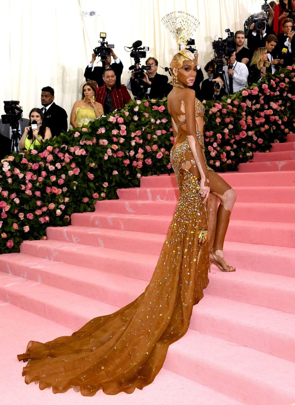 Người mẫu Winnie Harlow bận một chiếc váy dạ hội đính rất nhiều đá màu. (Nguồn: Guardian)