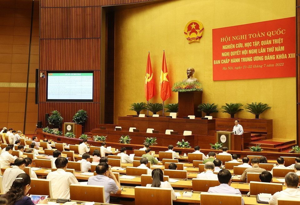 Thủ tướng Phạm Minh Chính phát biểu tại hội nghị. (Ảnh: Trí Dũng/TTXVN)