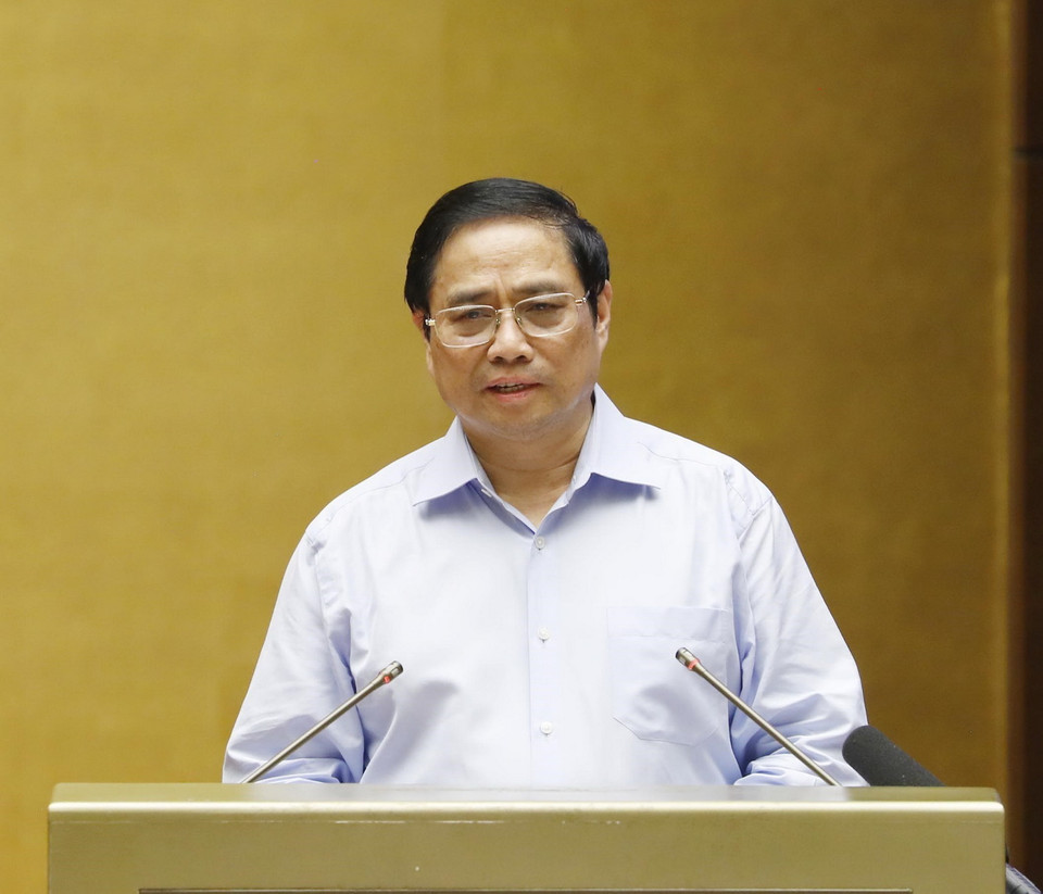 Thủ tướng Chính phủ Phạm Minh Chính giới thiệu chuyên đề tại hội nghị. (Ảnh: Phương Hoa/TTXVN)