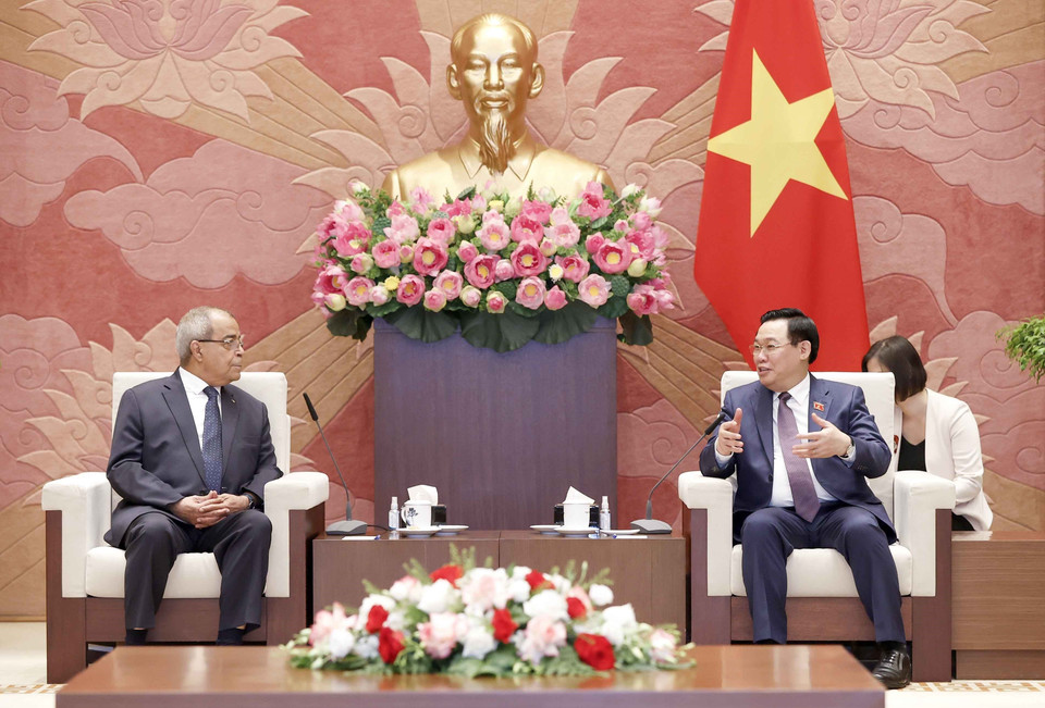 Chủ tịch Quốc hội Vương Đình Huệ tiếp Bộ trưởng Bộ Công nghiệp và Sản xuất Dược phẩm Algeria Ali Aoun. (Ảnh: Doãn Tấn/TTXVN)