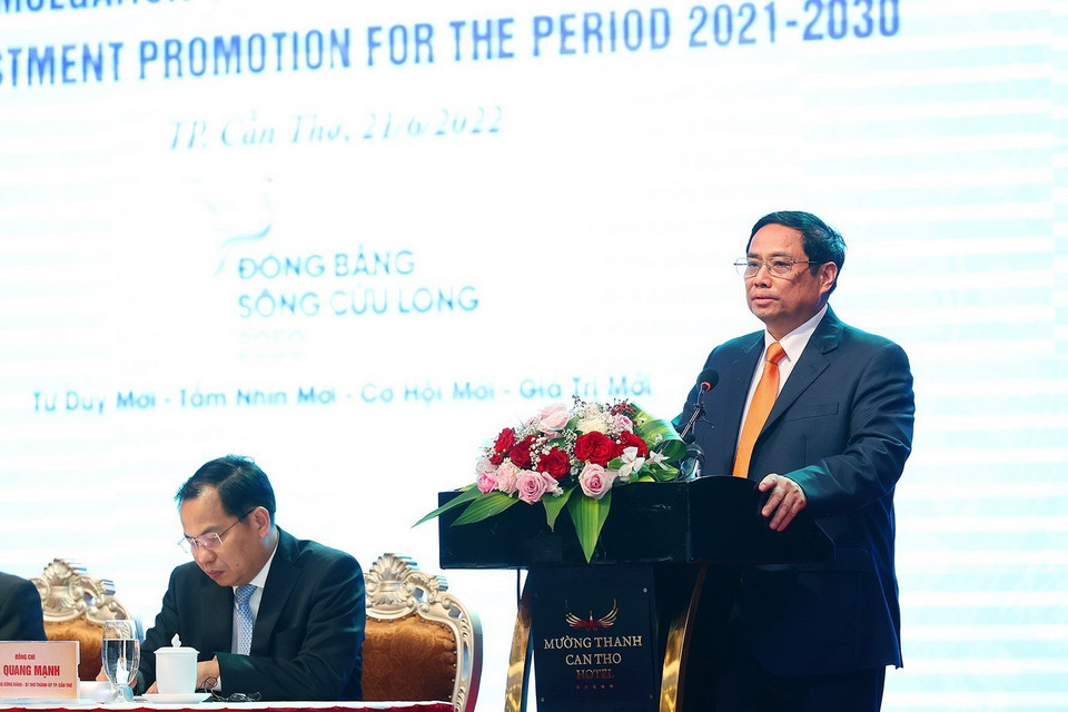 Thủ tướng Phạm Minh Chính phát biểu kết luận Hội nghị công bố quy hoạch và xúc tiến đầu tư vùng Đồng bằng sông Cửu Long. (Ảnh: Dương Giang/TTXVN)