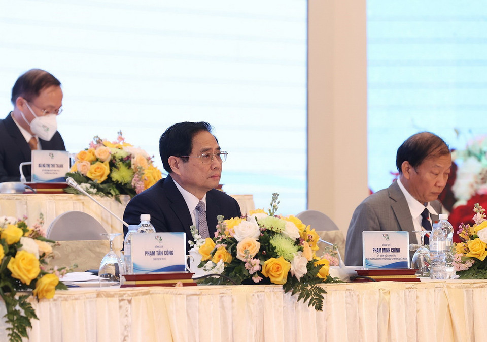 Thủ tướng Phạm Minh Chính và Đoàn Chủ tịch Đại hội. (Ảnh: Dương Giang/TTXVN) 