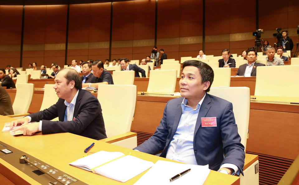 Các đại biểu dự Hội nghị tại điểm cầu chính - Phòng họp Diên Hồng, Nhà Quốc hội (Hà Nội).(Ảnh: Phương Hoa/TTXVN)