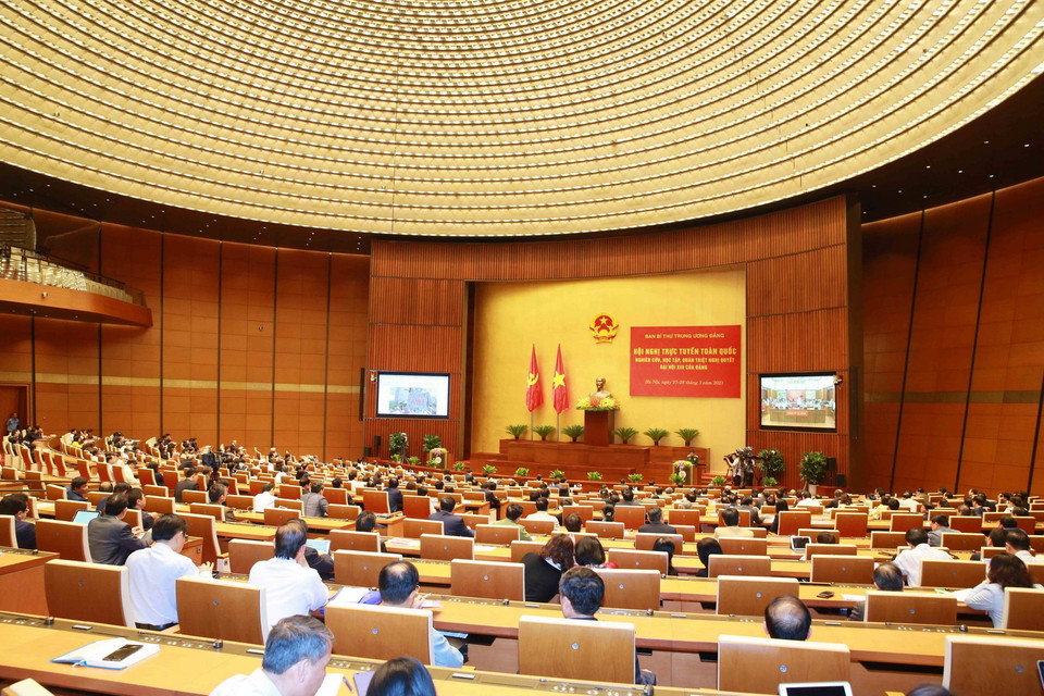 Quang cảnh hội nghị tại điểm cầu chính - Phòng họp Diên Hồng, Nhà Quốc hội (Hà Nội). (Ảnh: Phương Hoa/TTXVN)