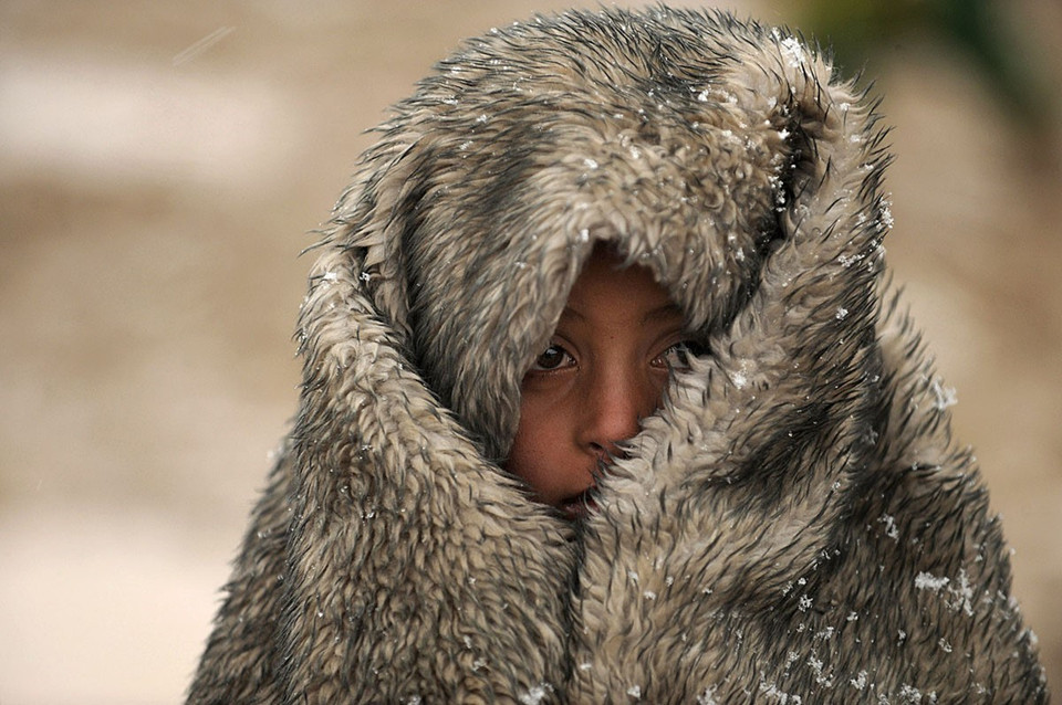 Một em bé Afghanistan trùm khăn chống rét khi tuyết rơi ở ngoại ô Kabul tháng 1/2010. (Nguồn: AFP/TTXVN)
