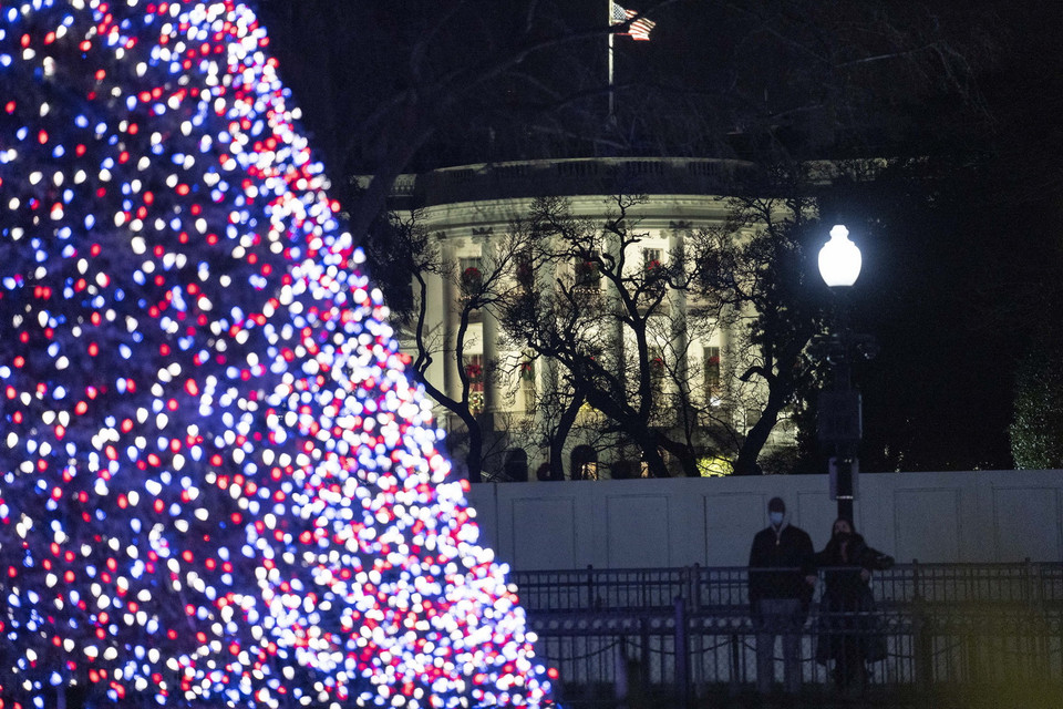 Cây thông Noel được thắp sáng rực rỡ tại Washington, D.C., Mỹ. (Ảnh: THX/TTXVN)