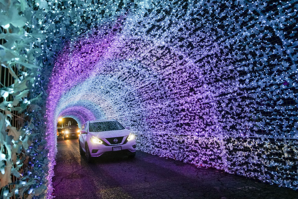 Người dân đi ôtô phòng lây nhiễm COVID-19 khi tham quan tại sự kiện Ánh sáng mùa Đông chào đón Giáng sinh ở Vancouver, British Columbia, Canada. (Ảnh: THX/TTXVN)