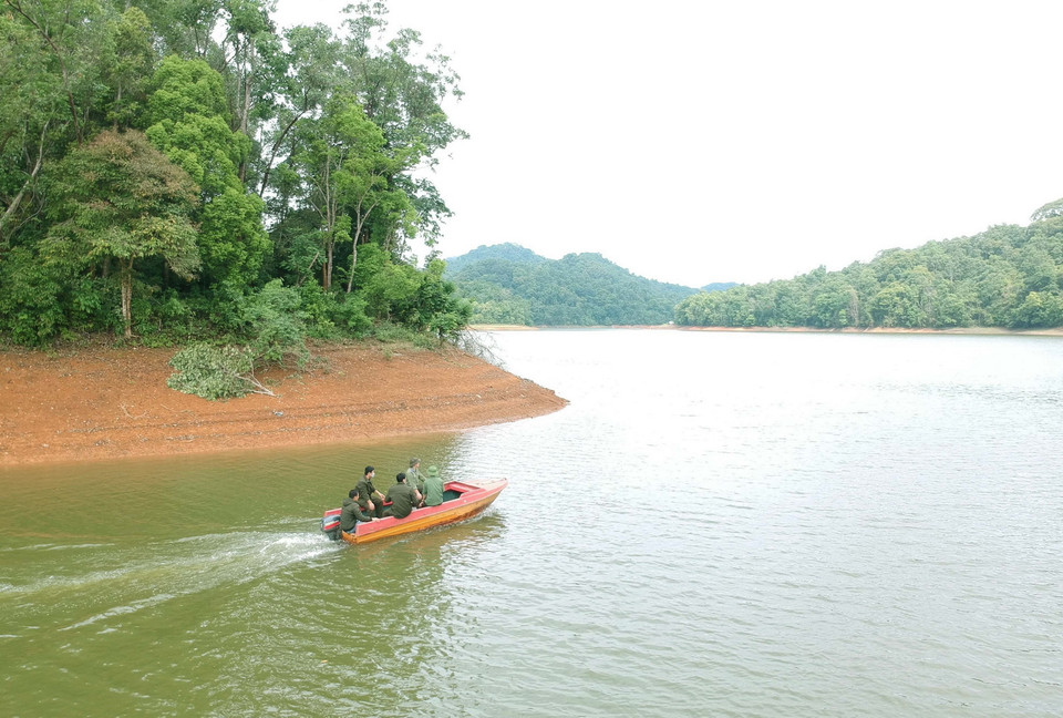 Khám phá lòng hồ Pá Khoang, du khách có thể trải nghiệm bằng đường bộ chạy quanh lòng hồ, xuyên dưới đại ngàn rừng già, hoặc có thể di chuyển bằng phương tiện canô, thuyền máy. (Ảnh: Xuân Tiến/TTXVN)