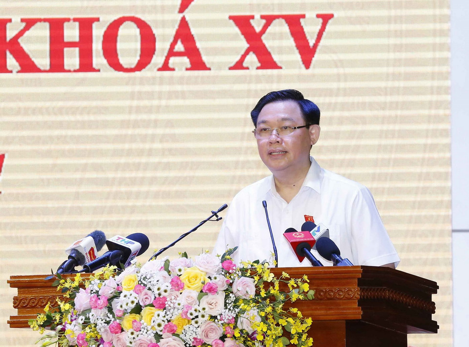 Chủ tịch Quốc hội Vương Đình Huệ trình bày chương trình hành động, vận động bầu cử theo luật định. (Ảnh: Doãn Tấn/TTXVN)