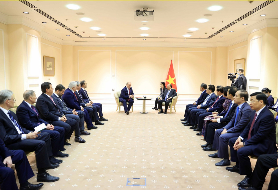 Quang cảnh buổi tiếp của Chủ tịch nước Nguyễn Xuân Phúc với Chủ tịch Đảng Cộng sản Nga Gennady Zyuganov. (Ảnh: Thống Nhất/TTXVN)