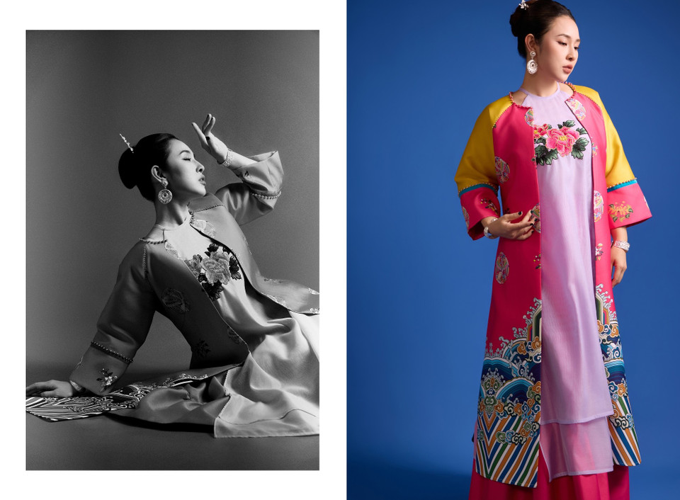 Sở dĩ nó có tên là “Nhật Bình” bởi đặc điểm của hoa văn trang trí tạo thành một hình chữ nhật lớn ngay trước ngực. Rải rác trên khắp thân áo cũng được thêu nhiều họa tiết, hoa văn với họa tiết chính là dạng tròn khép kín đan xen với những hình phượng, hoa lá và các hạt kim tuyến lấp lánh. (Ảnh: CTV/Vietnam+)