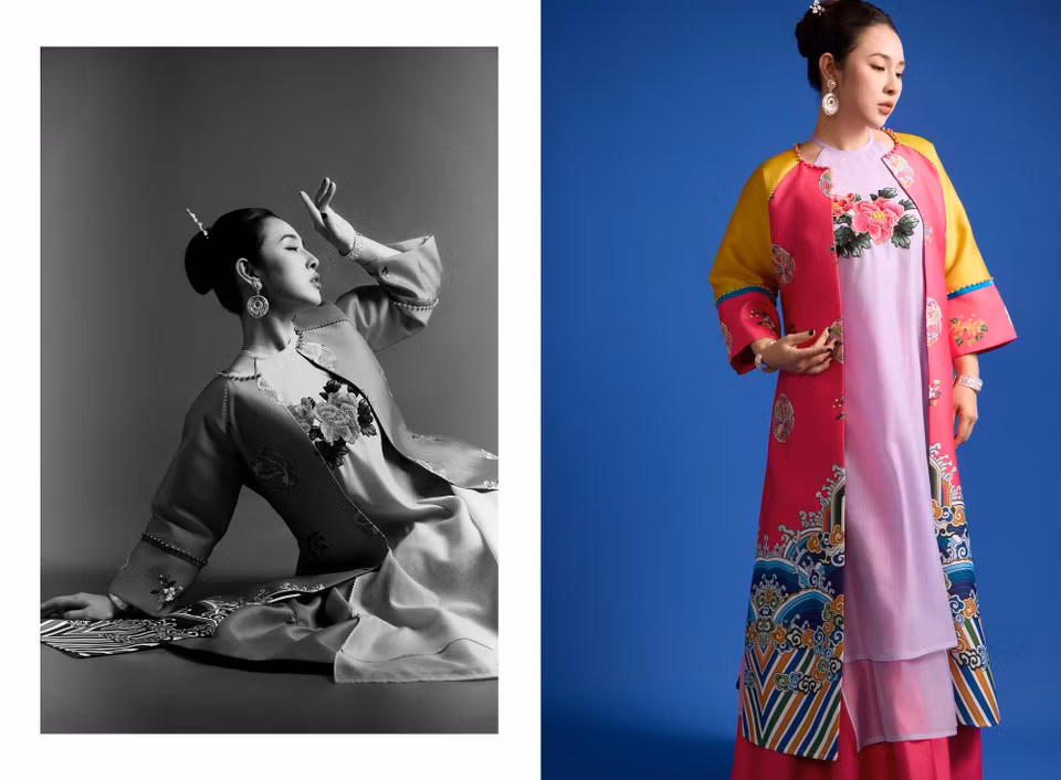 Sở dĩ nó có tên là “Nhật Bình” bởi đặc điểm của hoa văn trang trí tạo thành một hình chữ nhật lớn ngay trước ngực. Rải rác trên khắp thân áo cũng được thêu nhiều họa tiết, hoa văn với họa tiết chính là dạng tròn khép kín đan xen với những hình phượng, hoa lá và các hạt kim tuyến lấp lánh. (Ảnh: CTV/Vietnam+)