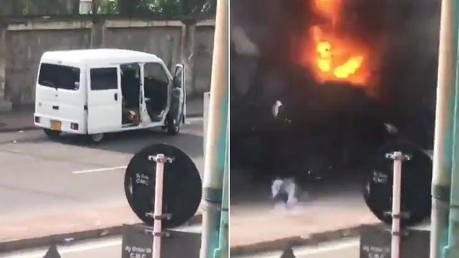 Chiếc xe phát nổ ngay bên ngoài nhà thờ ở Colombo. (Nguồn: rt.com) Video cận cảnh chiếc xe phát nổ bên ngoài nhà thờ ở Colombo ảnh 1