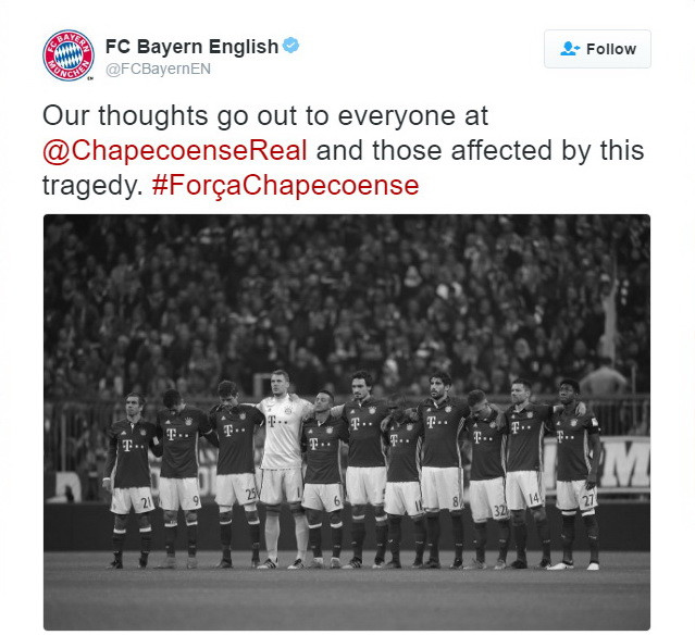 Bayern gửi lời chia buồn đến Chapecoense. Các đội bóng, cầu thủ gửi lời chia buồn đến CLB Chapecoense ảnh 2
