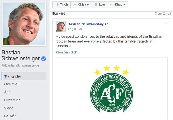 Các đội bóng, cầu thủ gửi lời chia buồn đến CLB Chapecoense ảnh 4