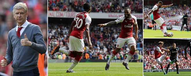 HLV Wenger hài lòng với màn trình diễn của các học trò. (Nguồn: Daily Mail) Arsenal thắng hủy diệt sau tuyên bố chia tay của 'Giáo sư' Wenger ảnh 2
