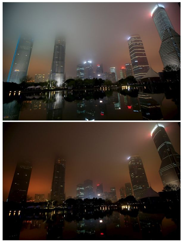 Misty beauty: Bức ảnh ấn tượng này cho thấy quận tài chính Pudong trước (ảnh trên) và trong Giờ Trái Đất ở Thượng Hải, Trung Quốc. Các địa danh trên thế giới cùng tắt đèn hưởng ứng giờ Trái Đất ảnh 5