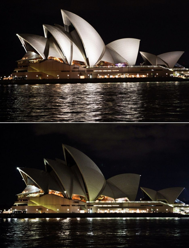 Nhà hát Opera Sydney khi có đèn và không có đèn. (Nguồn: Xinhua) Các địa danh trên thế giới cùng tắt đèn hưởng ứng giờ Trái Đất ảnh 14