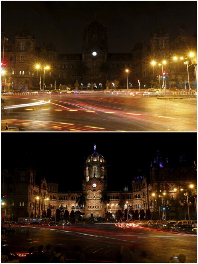 Ga tàu hỏa Chhatrapati Shivaji, còn gọi là ga Victoria trong Giờ Trái Đất ở Mumbai. (Nguồn: Reuters) Các địa danh trên thế giới cùng tắt đèn hưởng ứng giờ Trái Đất ảnh 17