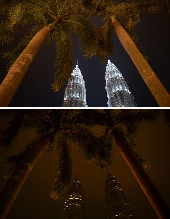 Tháp đôi Petronas ở Kuala Lumpur, Malaysia trước (ảnh trên) và sau khi đèn tắt trong Giờ Trái Đất. (Nguồn: AFP/Getty Images) Các địa danh trên thế giới cùng tắt đèn hưởng ứng giờ Trái Đất ảnh 20