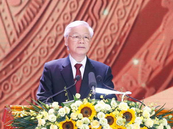 Tổng Bí thư Nguyễn Phú Trọng phát biểu. (Ảnh: Doãn Tấn/TTXVN) Vinh danh nhiều tấm gương tiêu biểu góp phần xây dựng, bảo vệ Tổ quốc ảnh 4