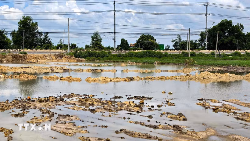 Một khu vực thuộc phạm vi dự án cao tốc Thành phố Hồ Chí Minh-Mộc Bài có dấu hiệu bị đào đất, làm thay đổi hiện trạng mặt bằng. (Ảnh: Minh Phú/TTXVN)