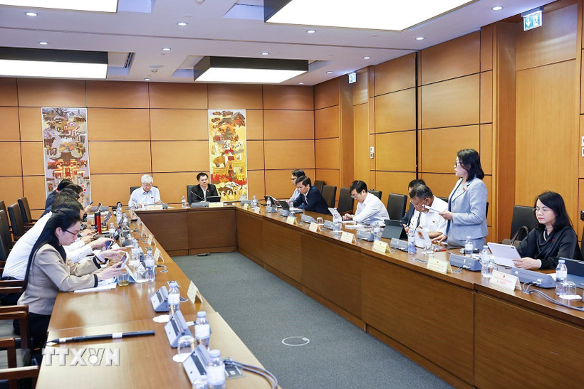 Đoàn đại biểu Quốc hội các tỉnh Lâm Đồng và Nghệ An thảo luận ở tổ. (Ảnh: Doãn Tấn/TTXVN)