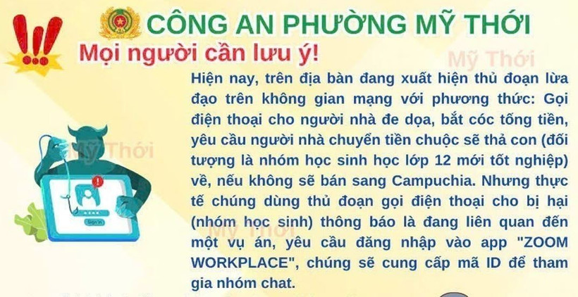 Cảnh báo được Công an phường Mỹ Thới (An Giang) nhằm tuyên truyền, khuyến cáo người dân. (Ảnh: TTXVN phát)