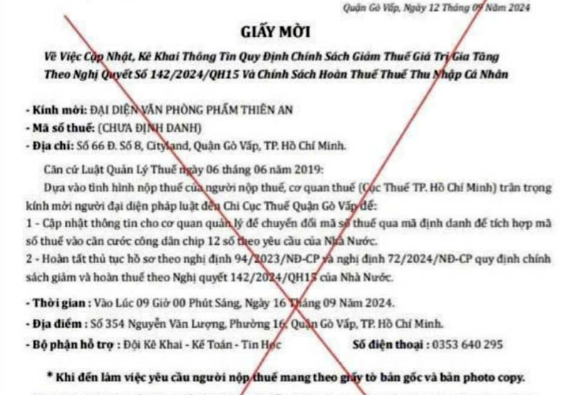 Thư mời giả mạo cơ quan thuế. (Nguồn: Cục thuế TP.HCM cung cấp)