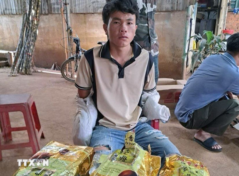 Đối tượng Giàng Seo Hòa cùng tang vật. (Ảnh: TTXVN phát)